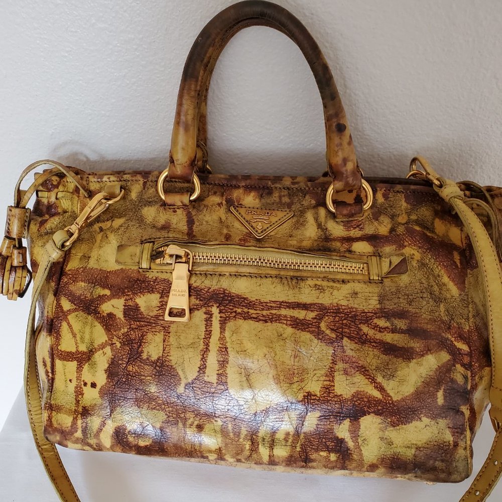 Prada tote top handle bag leather dyed camo brown black beige tan galleria lux - Picture 9 of 16